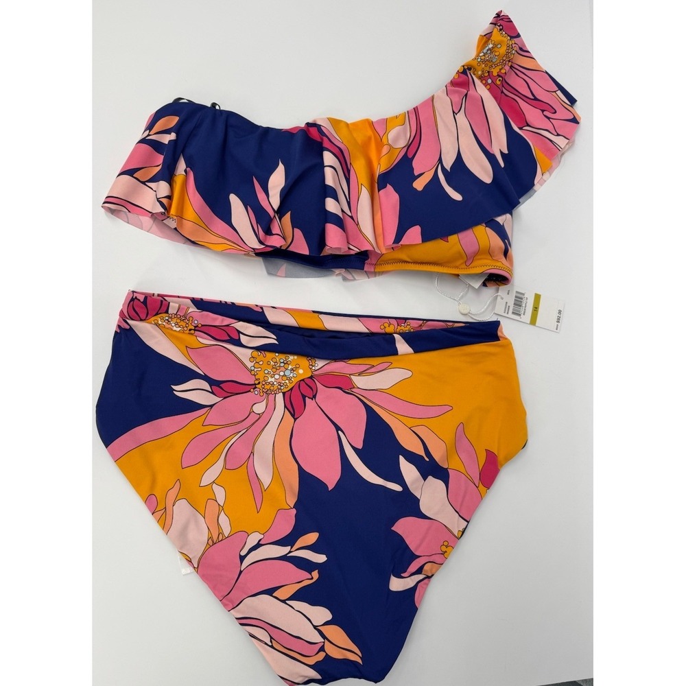 Floral One Shoulder Bikini Swimsuit High Waisted Set Ruffle Size 14‎ NWT